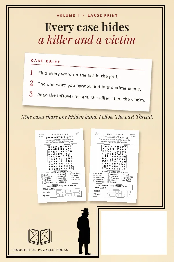 Back cover of Murder Mystery Word Search for Adults, Volume 1