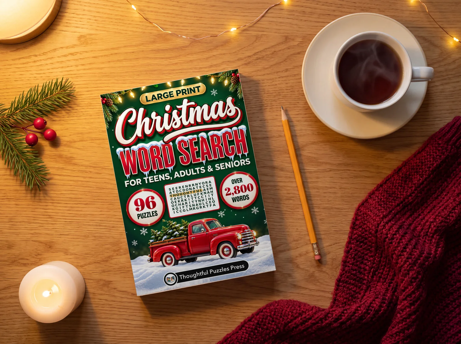 Large Print Christmas Word Search lying on a wooden table beside a steaming cup, a pencil, a lit candle, a pine sprig with red berries and a red knitted blanket, under fairy lights